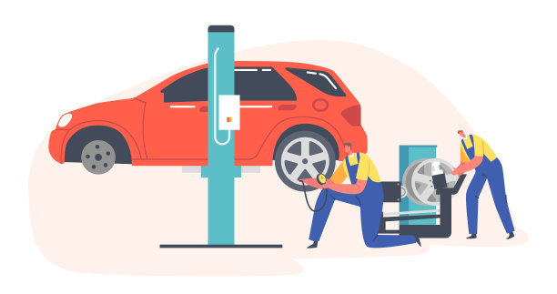 工人们在机械修理厂更换和测量汽车轮胎的压力。男性角色穿制服安装轮胎图片下载