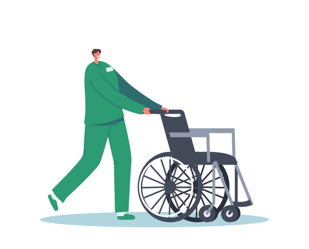 医疗驾驶轮椅孤立在白色背景。熟练的医疗保健医务人员在诊所照顾残疾人图片下载