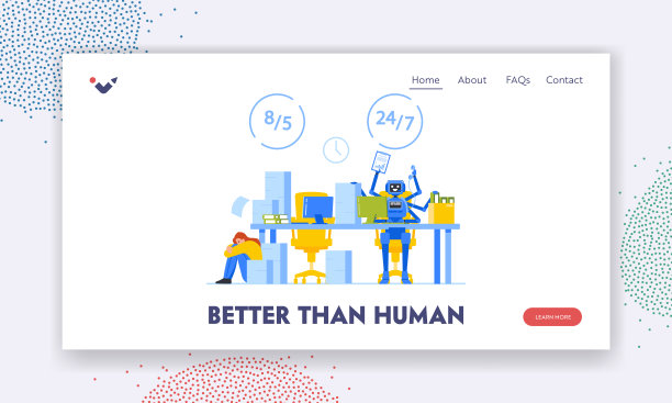 机器人多任务着陆页面模板。疲惫的上班族vs人工智能机器人工作图片下载