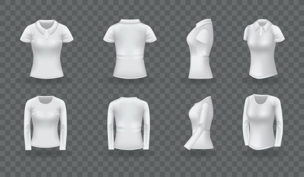 现实的polo衫男人女人设置。白色空白经典马球t恤模拟孤立在透明的黑色背景图片下载