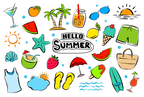 你好，夏天的元素设置涂鸦在白色背景。夏天手画符号和物体。图片下载