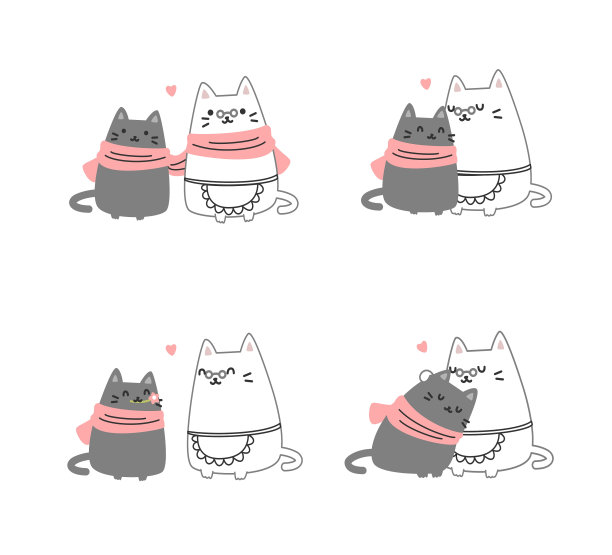 母亲节快乐可爱的白色和灰色的猫卡通人物集合平面矢量插图孤立在白色背景上。幸福的家庭有母亲和孩子。图片下载