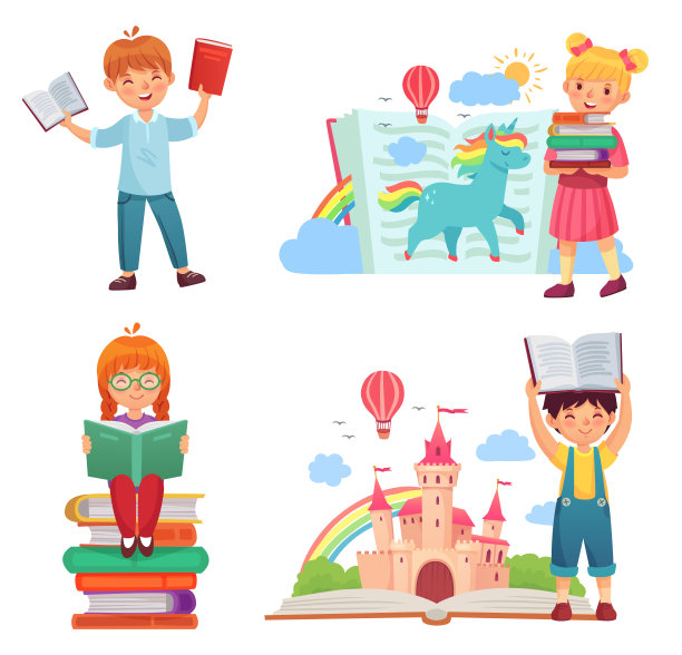 快乐的孩子读书。女孩坐在书堆上幻想着王国，幻想着虚构的独角兽图片下载