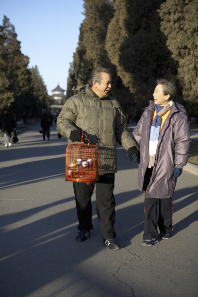 老年夫妇在公园遛鸟图片下载