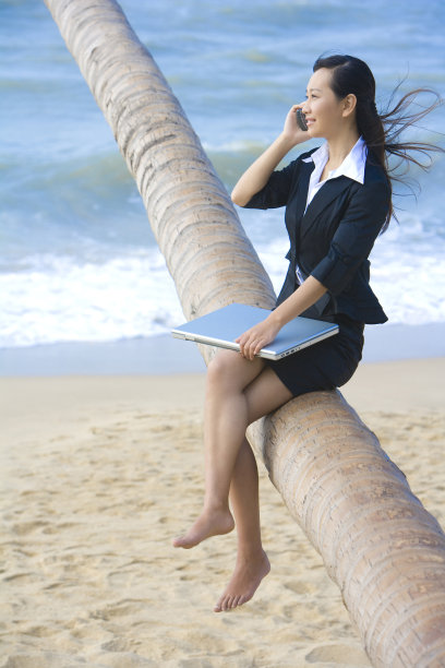 商务女士在海边用笔记本电脑图片下载