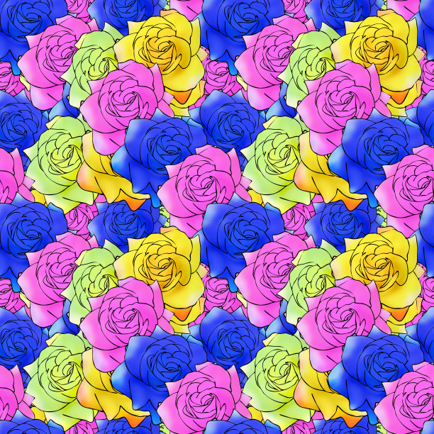 玫瑰,玫瑰花朵。插图，花的纹理。连续复制的无缝模式。花卉背景，照片拼贴纺织品，棉织物。墙纸，封面，打印图片下载