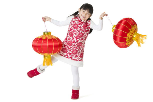 快乐的小女孩拿着大红灯笼图片下载