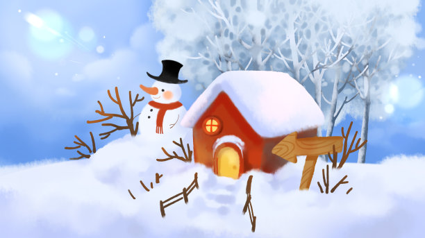 唯美立冬冬至大雪冬日建筑雪人树木雪景插画图片下载