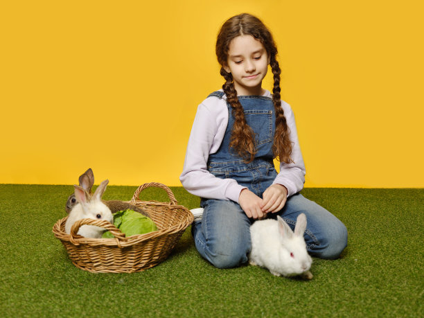 黄色背景下，漂亮的小女孩正躺在画室里和小兔子们玩耍。图片下载