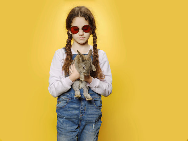 前面是一个小女孩，穿着牛仔裤，戴着红色太阳镜，抱着一只真正的灰色兔子，孤立的黄色背景。图片下载