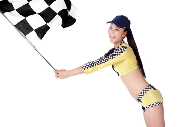 青年女人举着方格旗图片下载