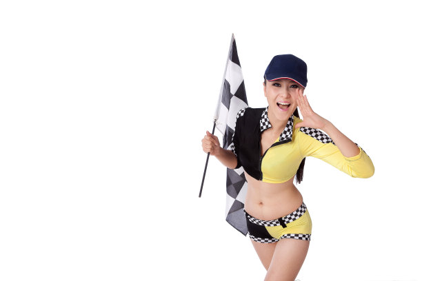 青年女人举着方格旗图片下载