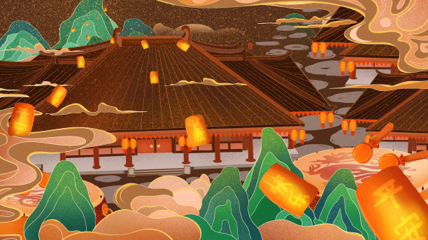 原创山河唐朝建筑孔明灯插画元素图片下载