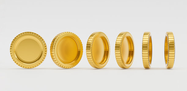孤立的黄金硬币在不同的角度在白色背景上的商业投资和货币交换外汇概念通过3d渲染。图片下载