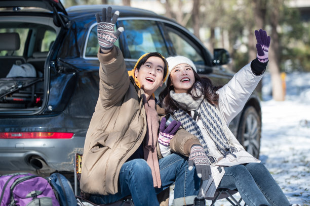 坐在汽车旁的青年夫妇图片下载