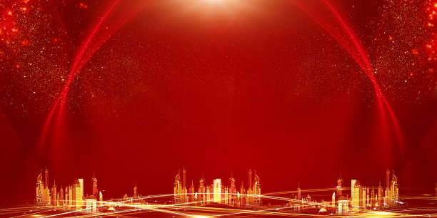 金色发光城市建筑光感飘带红色背景图片下载