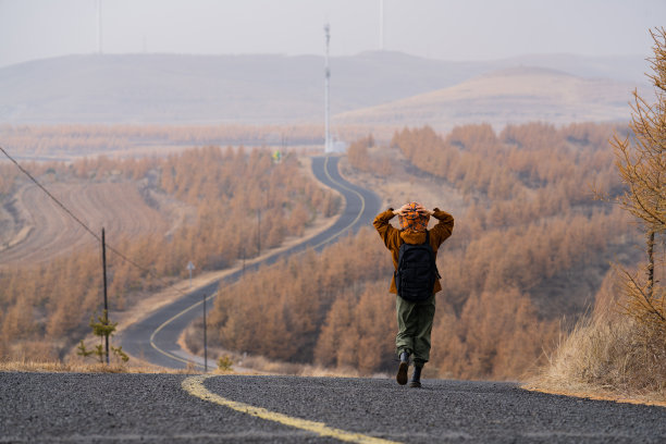 年轻女子户外徒步旅行的背影图片下载