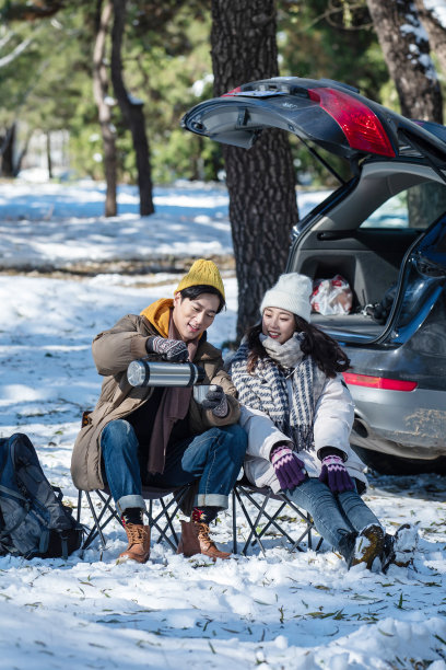 坐在汽车旁的青年夫妇图片下载