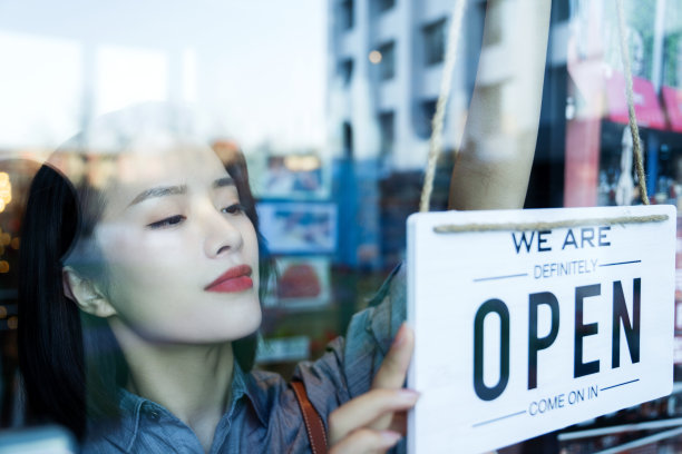 咖啡店的女服务员挂营业标志图片下载