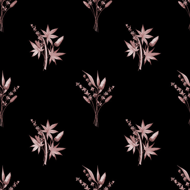 无缝模式与草药花束在黑色背景。图片下载