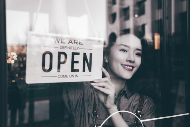 咖啡店的女服务员挂营业标志图片下载