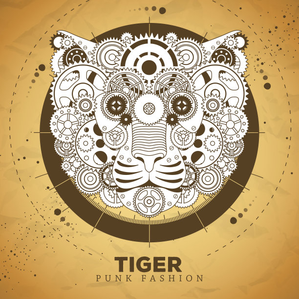 老虎脸轮廓与齿轮在旧纸纹理背景。朋克风格。矢量图图片下载