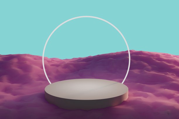 金属平台与发光的圆圈在沙漠日落背景3d插图图片下载