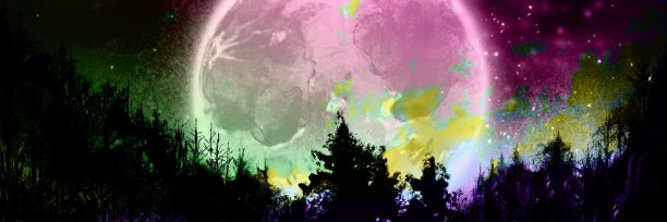 美丽的夜空景观插图和神秘的月亮超越剪影的森林图片下载