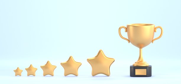 金杯有星星，奖杯或黑色底座上的优胜者奖，奖励第一名。冠军高脚杯与闪亮的金碗孤立在蓝色背景，现实的3d渲染。成就或运动胜利图片下载
