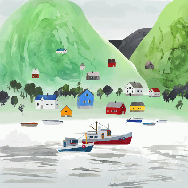 挪威。乌德雷达尔，奥兰峡湾的村庄。水彩矢量景观与挪威的房子，树，渔船，船和山。挪威手绘风景画图片下载