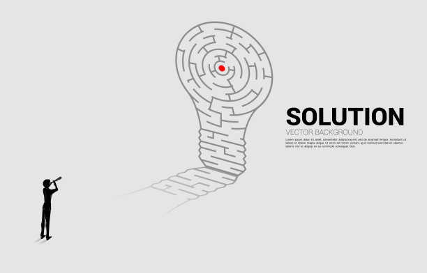 商人的剪影透过望远镜，站在迷宫游戏的灯泡。具有解决问题和发现问题的经营理念。图片下载