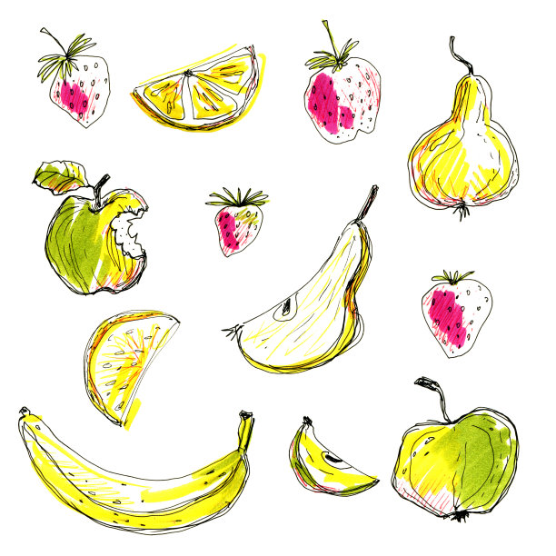 用记号笔手绘的素描水果集。草莓、香蕉、梨、柠檬、苹果。水果涂鸦。手绘彩色轮廓插图图片下载