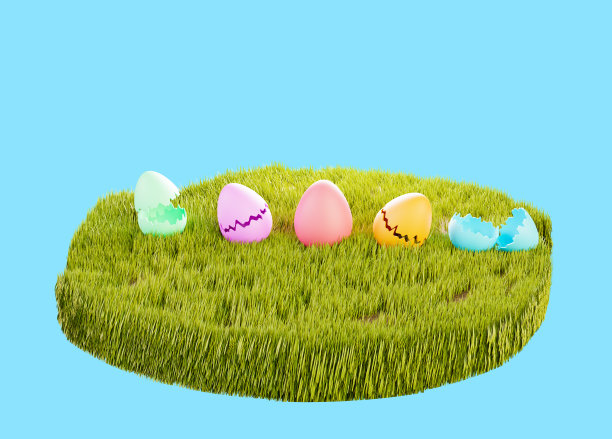 蓝色背景上的圆形草地和复活节彩蛋。草地上五颜六色的蛋。复活节设计元素，3d渲染图片下载