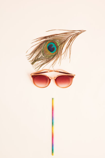 用太阳镜、孔雀羽毛和彩色吸管做成的创意女孩脸。简约美或夏季概念。平的。图片下载