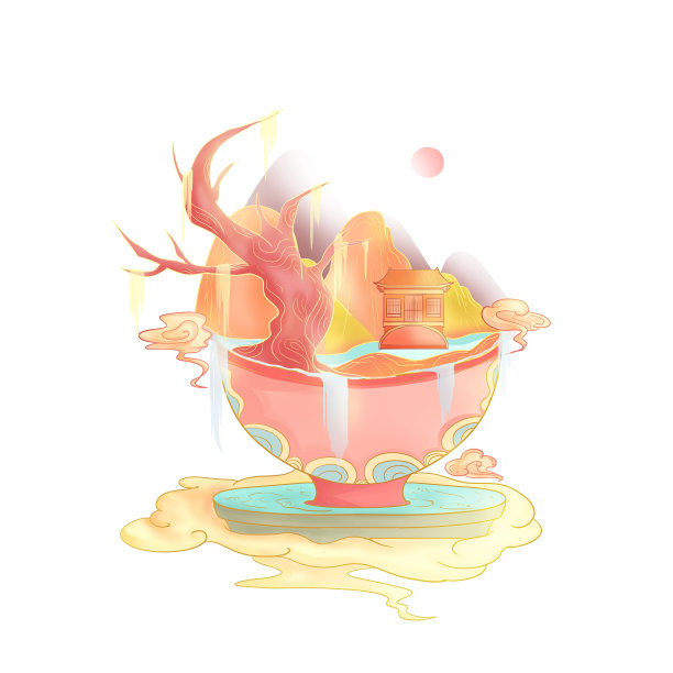 国风山水小屋老树国潮风图片下载