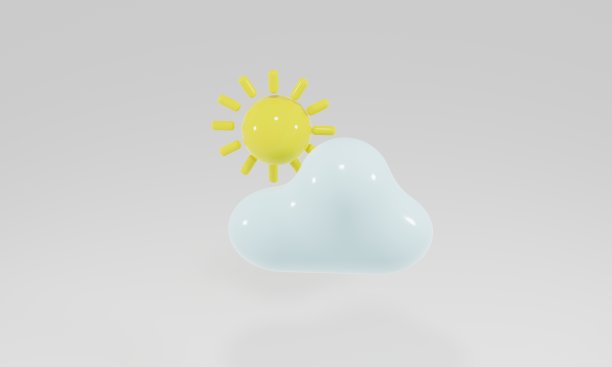 3D卡通天气图标。太阳和云孤立在白色的背景上。3 d渲染图图片下载