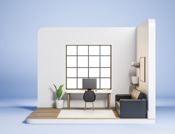 办公空间内部设有沙发和桌子，电脑。模型框架图片下载