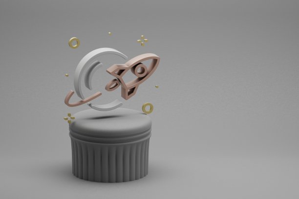 美丽的抽象插图火箭和开始符号图标在beton柱的背景。3 d渲染插图。背景图案设计。太空探索。图片下载