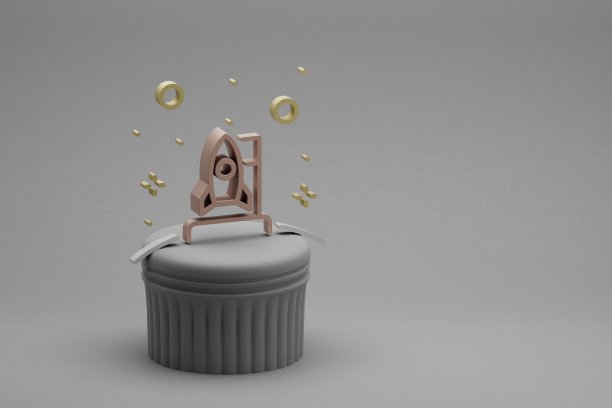 美丽的抽象插图火箭和开始符号图标在beton柱的背景。3 d渲染插图。背景图案设计。太空探索。图片下载