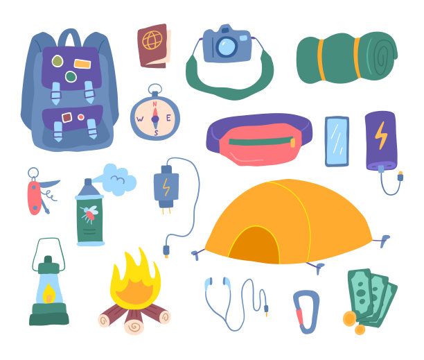 卡通彩色徒步旅行的东西图标集。向量图片下载