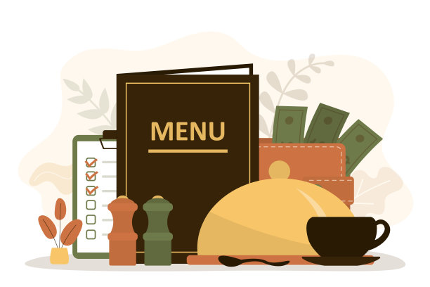 餐厅经营理念。与菜盘。与钞票的钱包。糖碗和盐瓶图片下载