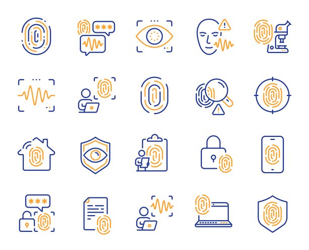 生物识别图标。指纹访问，眼睛生物识别和语音识别图标。向量图片下载