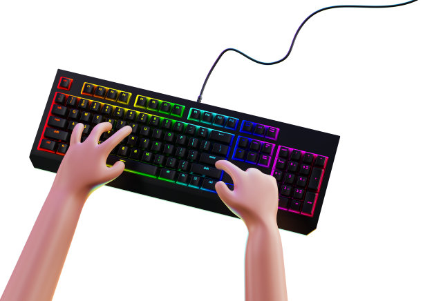 卡通手和键盘与RGB背光，3d渲染。双手在键盘上打字，孤立在白色背景上。3 d演示。图片下载