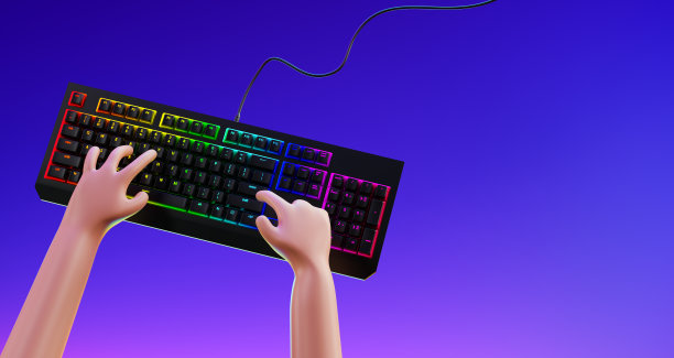卡通手和键盘与RGB背光，3d渲染。手打字键盘上的蓝色背景3d插图，复制空间图片下载