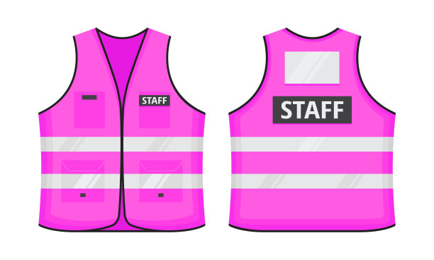 安全反射背心与标签PRESS标签平坦风格设计矢量插图集。图片下载