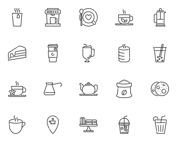 集合咖啡厅线图标，咖啡，茶，热饮图片下载