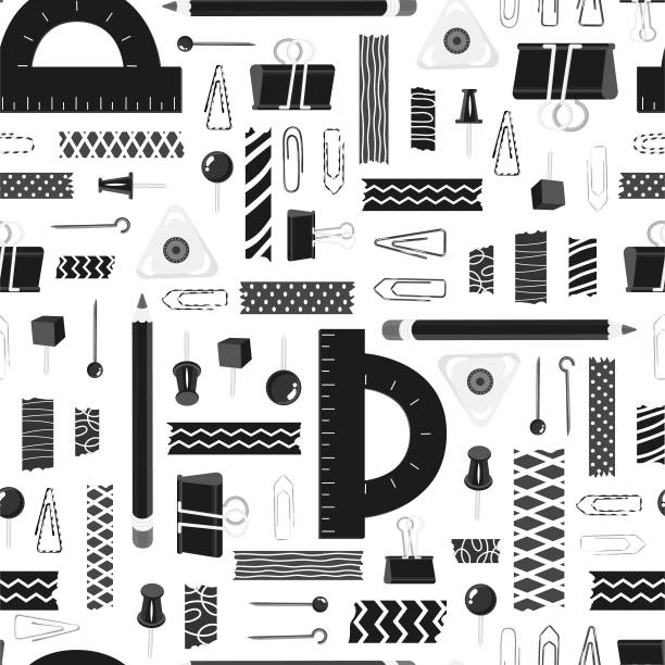 无缝图案与黑白彩色文具。回到学校，开始办公室工作。夹子，胶带，别针，针，橡皮擦，铅笔。矢量插图。纸和纺织品设计。图片下载