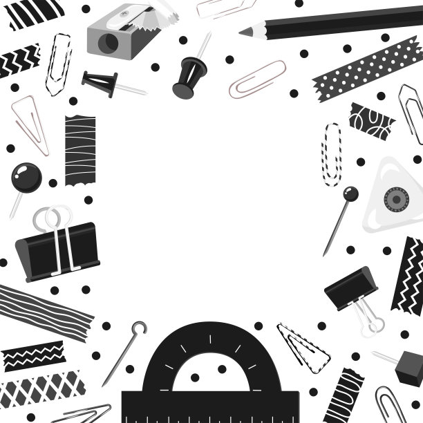 装饰长方形框架与黑白文具。回到学校，开始办公室工作。空间的文本。夹子，胶带，别针，针，橡皮擦，铅笔。矢量插图。图片下载