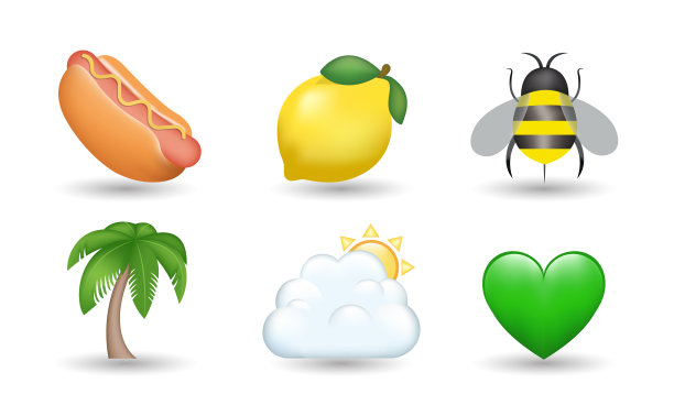 热狗，柠檬，蜜蜂，棕榈树，云与太阳，绿色心形矢量表情插图图片下载