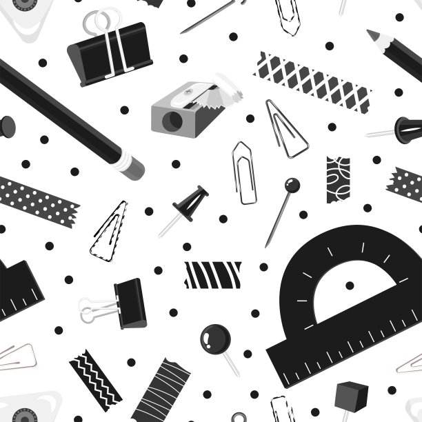 无缝图案与黑白彩色文具。回到学校，开始办公室工作。夹子，胶带，别针，针，橡皮擦，铅笔。矢量插图。纸和纺织品设计。图片下载